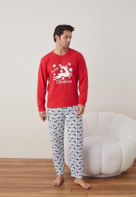 Pijama barbati Craciun "Chrystmas Merry" , maneca lunga ,pantaloni lungi,Culoare Rosu ,Engros